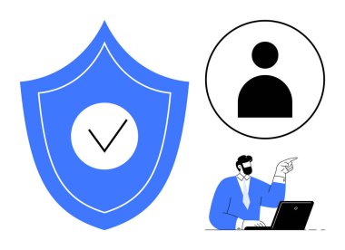 Güvenlik işaretli bir kalkan, kullanıcı profili simgesi ve dizüstü bilgisayarı işaret eden bir iş adamı. Güvenlik, gizlilik, teknoloji, çevrimiçi koruma, yönetim ve profesyonellik için ideal