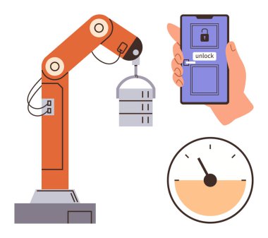 Robotik kol kaldırma kabı, kilit açma arayüzü olan akıllı telefon, hız göstergesi izleme görevleri. Otomasyon, teknoloji, yenilik, imalat, kontrol sistemi, sanayi için ideal