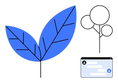 Ayrıntılı mavi yapraklar, minimalist ağaç çizgisi ve dijital sohbet arayüzü. Sürdürülebilirlik, teknoloji, iletişim, ekoloji, modern tasarım, basit iniş sayfası için ideal