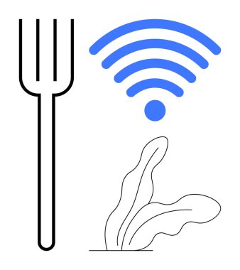 Çatal yemeği, kablosuz sinyal bağlantıyı ve yapraklar da sürdürülebilirliği simgeler. Gıda teknolojisi, akıllı tarım, dijital yemek, sürdürülebilirlik, yenilik, modern