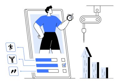 Etkinlik simgeleri, ilerleme çubukları, kullanıcı figürü, robot otomasyon kolu ve büyüme grafiği ile fitness izleme uygulaması arayüzü. Fitness, teknoloji, sağlık, verimlilik analizi yeniliği için ideal