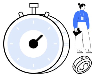 Büyük kronometre ve madeni paranın yanında elinde pano tutan kadın, zaman, verimlilik, finans ve denge kavramlarını ön plana çıkarıyor. İş için ideal, teslim tarihleri, organizasyon, verimlilik, planlama takım çalışması