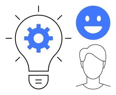 Teçhizatlı ampul, mutlu yüz ve insan profilinin yanı sıra yenilik anlamına gelir. Yaratıcılık, takım çalışması, çözümler, beyin fırtınası, ürün tasarımı, kullanıcı deneyimi, basit iniş sayfası için ideal