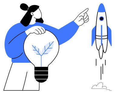 Yapraklı bir ampul tutan kadın figür, gökyüzüne fırlatılan bir roketi işaret ediyor. Yenilik, sürdürülebilirlik, eko-farkındalık, büyüme, yaratıcılık, liderlik ve iş kurma için ideal