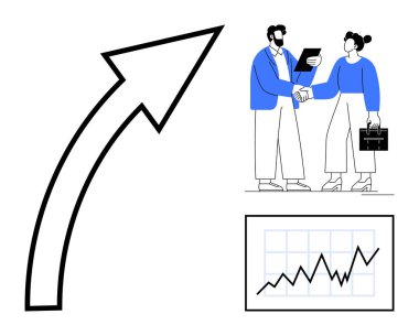 Erkek ve kadın el sıkışıyor, yukarı doğru ok büyümeyi simgeliyor, tablo finansal eğilimleri gösteriyor. İş büyümesi, takım çalışması, finans, başarı, ortaklık, müzakere profesyoneli için ideal