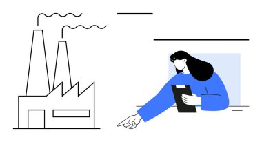 Bacaları olan bir fabrika, elinde bir pano tutan ve ileriye bakan bir kadınla birlikte duman yayıyor. Endüstri yönetimi, enerji, işlemler, sürdürülebilirlik, planlama, takım çalışması, basit iniş için ideal
