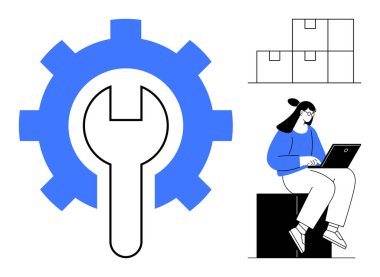 Vites ve ingiliz anahtarı, bir kadının dizüstü bilgisayarda çalışarak koordinasyonu ve verimliliği sembolize etmesini sembolize eder. Yığılan kutular lojistik ya da envanteri gösteriyor. Takım çalışması, teknoloji ve yönetim için ideal