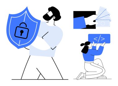 Güvenliği kalkan ve kilit sembolüyle koruyan bir adam, para teklif eden bir adam, dizlerinin üzerinde kod ikonu tutan bir kadın. Siber güvenlik, kodlama, finans, koruma, gizlilik, dijital araçlar için ideal