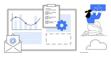 Çizelge, liste, dişli, zarf ve kodlama figürlü gösterge paneli. Teknoloji, analitik, proje yönetimi, kodlama dersleri işbirliği yaratıcı iş akışı basit iniş için ideal