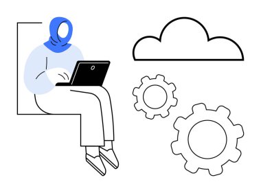 Otururken tesettürlü bir kadın dizüstü bilgisayar kullanıyor, bulut ve teçhizat nesneleriyle eşleşiyor. Teknoloji için ideal, uzaktan çalışma, üretkenlik, yenilik, işbirliği, bulut hesaplama, basit iniş sayfası