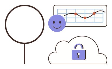 Büyüteç, gülen yüz, veri noktaları olan grafik, analizi, mahremiyeti ve pozitifliği sembolize eden bulut. Veri güvenliği, müşteri memnuniyeti, teknoloji bulut deposu için ideal