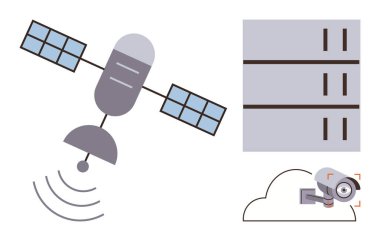 Uydu sinyalleri, güvenlik kameralı bulut ve iletişimi, teknolojiyi, gözetlemeyi ve uzay yeniliğini gösteren veri sunucuları. Ağ, veri güvenliği ve internet bulutu için ideal