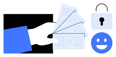 El ele tutuşan faturalar, kilit ve mutlu yüz güvenli mali işlemler, güven, tasarruf ve nakit akışını gösteriyor. Finans, bankacılık, iş çözümleri güvenlik ödeme uygulamaları için ideal