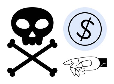 Çapraz kemikli kafatası, robot eli, daire şeklinde dolar işareti. Temalar için ideal risk, tehdit, yapay zeka, otomasyon, siber suçlar finans etiği yeniliği. Cesur ve basit düz bir metafor.