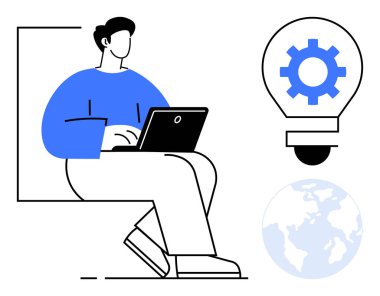 Dizüstü bilgisayar kullanan kişi, ampul fikri teçhizatlı yeniliği simgeliyor, dünya çapında bağlantıyı simgeliyor. Yaratıcılık, teknoloji, uzak çalışma, yenilik, küresel iş, üretkenlik için ideal