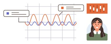 Yorum kutuları, şamdan çizelgesi ve profesyonel kadın portresi içeren iki farklı çizgi çizelgesi. Veri analizi, borsa, eğilimler araştırmalar, mali planlama, takım çalışması için ideal