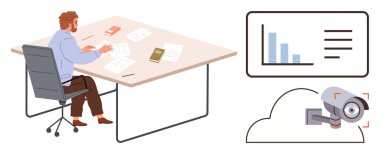 Masada evraklar, kitaplar ve analiz çizelgeleriyle çalışan biri. Duvar monitörü verileri gösterirken, CCTV kameraları da bulut gözetimini gösteriyor. Teknoloji, siber güvenlik ve ofis verimliliği için ideal.