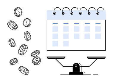 Takvimin yanına düşen bozuk paralar finansal planlamayı, bütçeyi ve karar vermeyi sembolize eder. Finans, tasarruf, zaman yönetimi, yatırım, maliyet değerlendirmesi için ideal