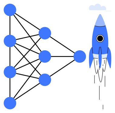 Sinirsel ağ şeması fırlatma roketinin yanında düğümleri birbirine bağlar. Yapay zeka, yenilik, teknoloji, girişimler, veri, makine eğitimi, yaratıcılık temaları için idealdir. Basit bir dairede ilerlemeyi temsil eder.