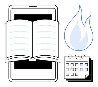 Akıllı telefon, alev ikonu ve takvim üzerine açık bir kitap. Eğitim, programlama, verimlilik, zaman yönetimi, çevrimiçi kaynaklar, ilham kaynağı basit düz metafor