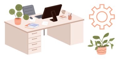 Ofis masasında bilgisayar, kitaplar, kırtasiye malzemeleri, yeşil bitkiler ve vites sembolü var. Üretkenlik, organizasyon, iş akışı, yaratıcılık çalışma alanı ilham kaynağı modern ofis