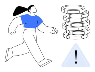 Para yığınına yaklaşan kadın, finansal risk ve karar verme güçlüğünü temsil eden uyarı levhasının yanında duruyor. Finans, yatırım, tasarruf, ihtiyat, bütçe, risk yönetimi, ekonomi için idealdir. Basit.