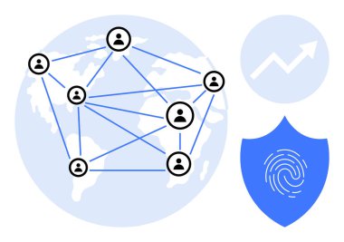 Dünya haritasında birbirine bağlı kullanıcı avatarları, siber güvenlik için parmak izi mührü, ilerleme için yukarı doğru ok. İletişim, veri paylaşımı, dijital güvenlik, büyüme, yenilik ve takım çalışması için ideal