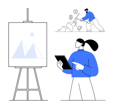 Profesyonel inceleme tableti sehpanın yanında dururken, yatırımcı madeni para için kazı yapıyor. İş stratejisi, yenilik, yaratıcılık, yatırım, finans, girişimcilik için ideal, basit iniş sayfası