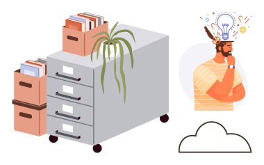 Dosyalar, kutular ve yaratıcı fikirlerle, bulut depolama konseptiyle çevrili düşünceli bir adamla eşleştirilmiş bir bitki. Ofis organizasyonu, yaratıcılık, veri depolama, yenilik için ideal