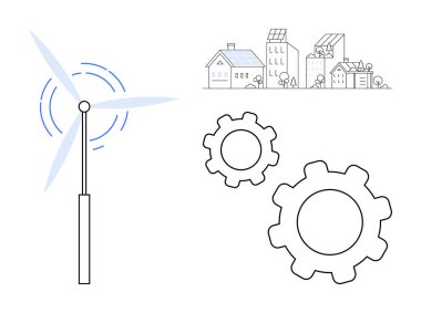 Rüzgar türbini enerji üretiyor, güneş panelleri olan evler, ilerlemeyi sembolize eden dişliler. Yenilenebilir enerji, çevre dostu yaşam, sürdürülebilirlik, yenilik, mühendislik, temiz teknoloji için ideal