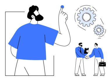 İki profesyonelin fikir alışverişi ve tokalaşma ile birlikte yaratıcı süreci aktive eden bir adam. Ortaklık, takım çalışması, teknoloji, iş stratejisi, ilerleme ve yenilik için ideal