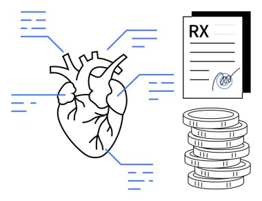 Etiketli bölümleri, tıbbi reçete formları ve birikmiş paraları olan anatomik kalp çizimleri. Sağlık, kardiyoloji, teşhis, maliyet, sigorta, tıbbi araştırma ve önleme için ideal