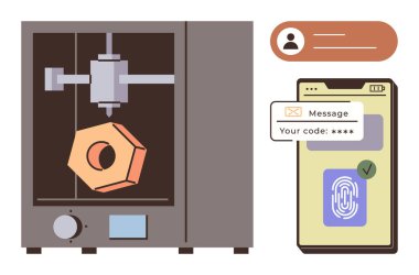 3D baskı makinesi, parmak izi taraması ve güvenlik koduyla giriş doğrulamasını gösteren akıllı bir telefonun yanında geometrik bir nesne yaratıyor. Teknoloji, yenilik ve güvenlik için ideal