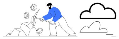 Kazma kullanarak para birimi simgelerini, kayaları ve yakınlardaki bulut sembollerini çıkaran kişi. Dijital ekonomi, kripto para birimi, bulut hesaplama, engelleme zinciri, madencilik finans yeniliği için ideal. Basit düz