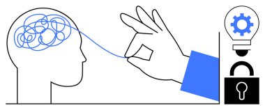 Karmaşık halatla bağlanmış insan kafası dişli sembollü ampul ve açık kilit. Problem çözme, yenilik, zihinsel açıklık, yaratıcılık, beyin fırtınası, kilit açan fikirler için idealdir.