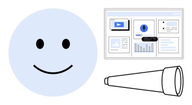 Gülen yüz, teleskop ve grafik ve simgeli analitik gösterge paneli pozitiflik, keşif, ilerleme ve veri güdümlü görme izlenimi veriyor. Takım çalışması, strateji, araştırma başarısı liderliği için ideal