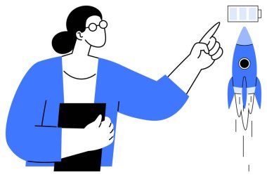 Elinde dosya tutarken şarj bataryasını ve roketi gösteren biri. Yenilik, büyüme, teknoloji, enerji, hedef belirleme, liderlik ve üretkenlik temaları için idealdir. Basit düz