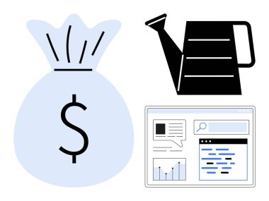 Zenginliği temsil eden para torbası, sulama yatırım büyümesini sembolize edebilir ve analitik gösterge paneli veri eğilimlerini gösterebilir. Finans, yatırım, iş, strateji, analitik ve girişimler için ideal