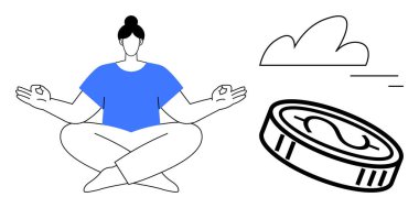 Bacak bacak üstüne atmış, denge ve farkındalık içinde yüzen bir para ve bulutun yanında oturan bir kadın. Finans, sağlık, farkındalık, kişisel bakım, meditasyon, denge, basit iniş için ideal