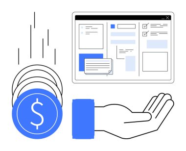 Paralar dijital bir gösterge paneliyle açık bir ele düşüyor. E-ticaret, ödeme, finans, işlem, para yönetimi, finansal planlama, iş büyümesi için ideal. Basit düz metafor