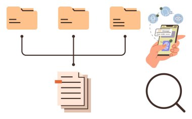 Bağlı klasörler, istiflenmiş belgeler, veri simgeleriyle el ele tutuşan akıllı telefon ve taşımacılık organizasyonu, depolama, arama, dosya paylaşımı, takım çalışması, veri analizi ve dijital iş akışı