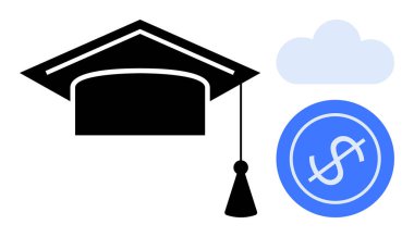 Siyah mezuniyet şapkası, mavi para, ışık bulutu. Eğitim, finans, başarı, fırsat, yatırım bursu için yaşam boyu öğrenim için ideal. Temiz ve basit düz metafor