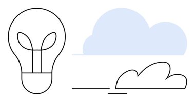 Yaprak şeklindeki ipliklerle minimalist bulutlar ve yer çizgileriyle birleştirilmiş ampul. Sürdürülebilirlik, yenilik, yenilenebilir enerji, yaratıcılık, çevre koruma, eko-teknoloji, basit