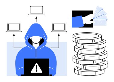 Kapüşonlu kazak giyen bilgisayar korsanı, uyarı işareti, bağlı dizüstü bilgisayarlar, el ele tutuşan nakit para, bozuk para yığını. Siber güvenlik, dijital hırsızlık, dolandırıcılık, finansal güvenlik ihlali için ideal