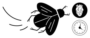 Anatomik kalp ve saatin yanında hareket çizgileri olan uçan bir böceğin siyah silueti. Yaşam, zaman, biyoloji, sağlık, sembolizm, hareket, soyut görsel, basit düz metafor kavramları için idealdir.