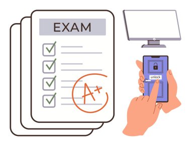 Kontrol kutulu sınav kağıdı, bir işaret, güvenli e-öğrenme için akıllı telefon kilidi, masaüstü ekranı. Eğitim, başarı, e-öğrenme, verimlilik değerlendirmesi siber güvenlik araştırması için ideal. Basit.