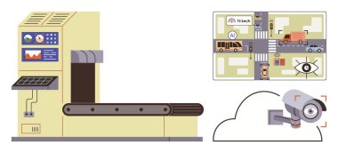 Kontrol paneli olan fabrika taşıyıcısı, araç ve analizleri gösteren yapay zeka kontrollü trafik kavşağı, buluttaki güvenlik kamerası. Otomasyon, yapay zeka, yenilik, lojistik, kentsel yönetim için ideal