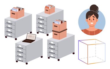 Depo kutularının olduğu dolaplar, açık dizüstü bilgisayarlar kadın portresi ve şeffaf küp taslağı. Ofis organizasyonu, iş akışı, depolama, dijital çalışma, liderlik yönetimi için ideal daire