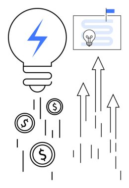 Enerji sembollü ampul dolar sikkeleri, büyümeyi temsil eden oklar ve stratejik bir plan yayıyor. Yenilik için ideal, iş başarısı, mali büyüme, girişimcilik, başlangıç stratejisi