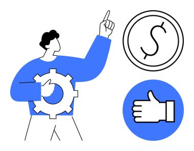 İş adamının vites yükselen, fikirleri, süreci, başarıyı ve finansal büyümeyi temsil eden bir sembolü var. Madeni para, ekonomik değeri gösterir. Onay, onay demektir. Finans ve yenilik için ideal